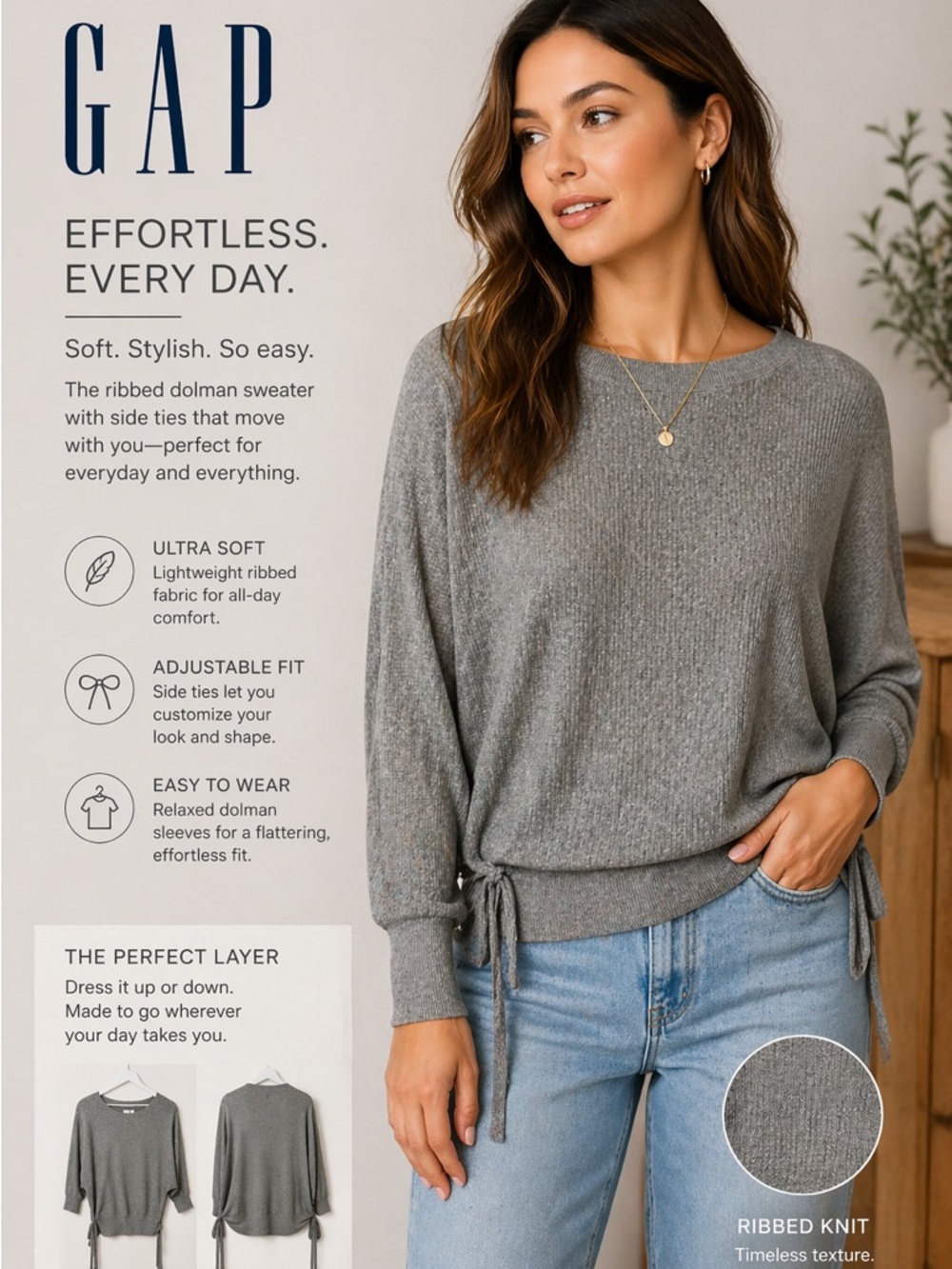 GAP Women's Light Gray Scoop Neck‎ Tie-Hem Sweater small